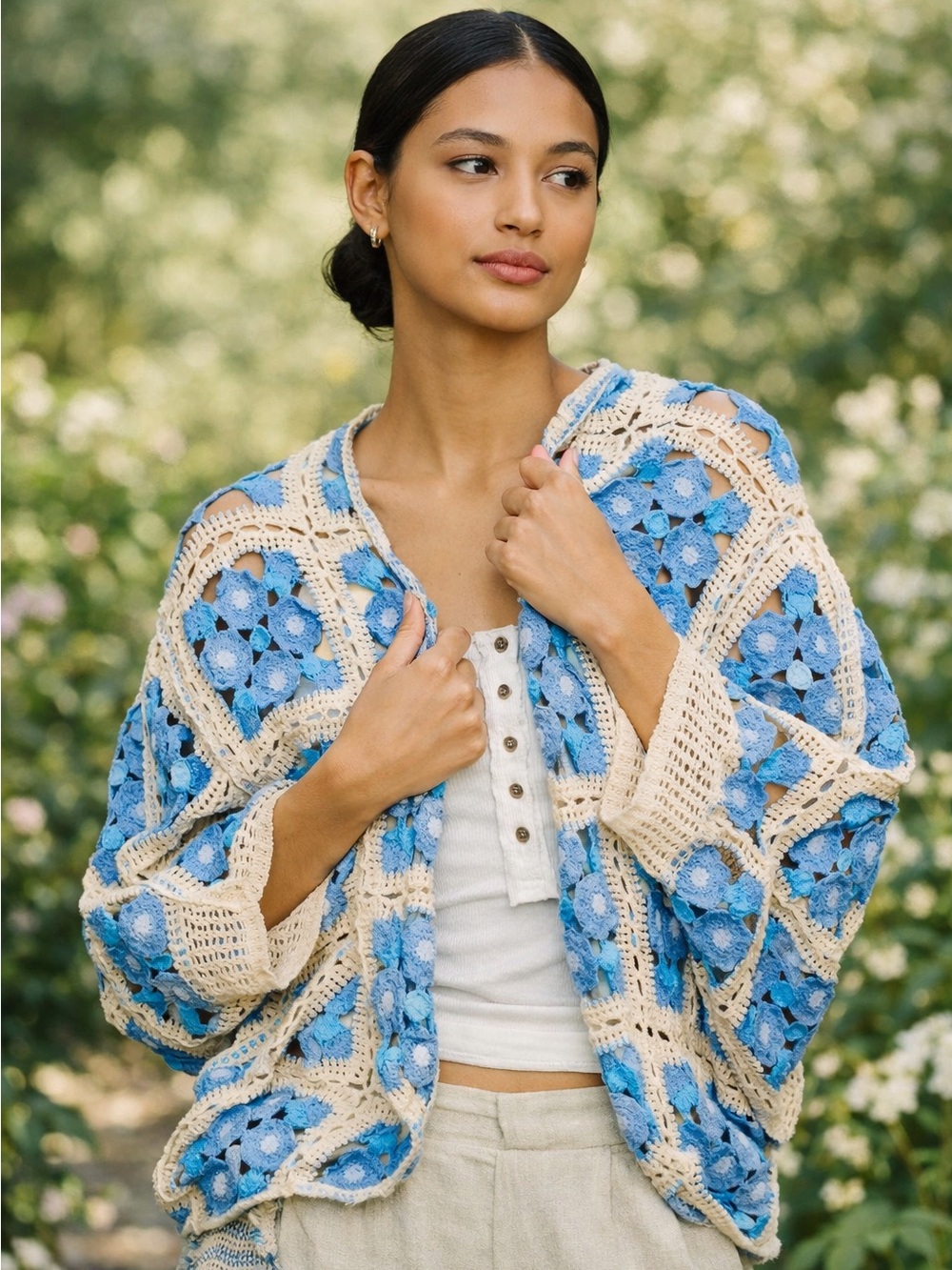 POL Blue Floral Granny Square Crochet Cardigan One Size Boho Open Front